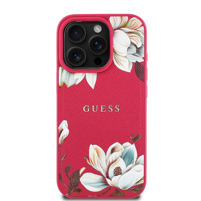 Apple iPhone 16 Pro Case Guess Original Licensed Magsafe Charging Feature Grained Flower Design Metal Text Logo Cover Red