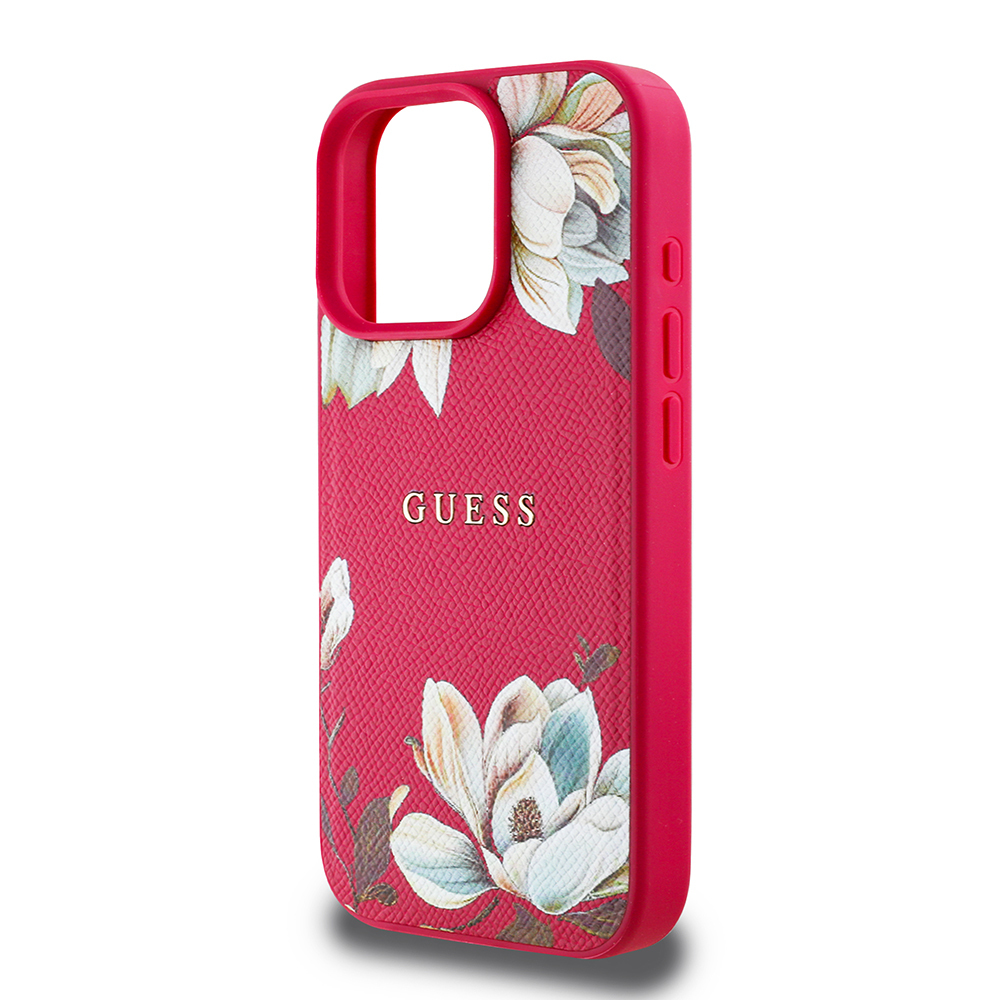 Apple iPhone 16 Pro Case Guess Original Licensed Magsafe Charging Feature Grained Flower Design Metal Text Logo Cover - 21