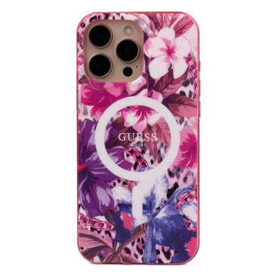 Apple iPhone 16 Pro Case Guess Original Licensed Magsafe Charging Feature IML Printed Jungle Ring Cover Purple