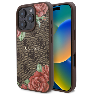 Apple iPhone 16 Pro Case Guess Original Licensed Magsafe Charging Feature Rose Printed 4G Patterned Text Logo Cover Brown