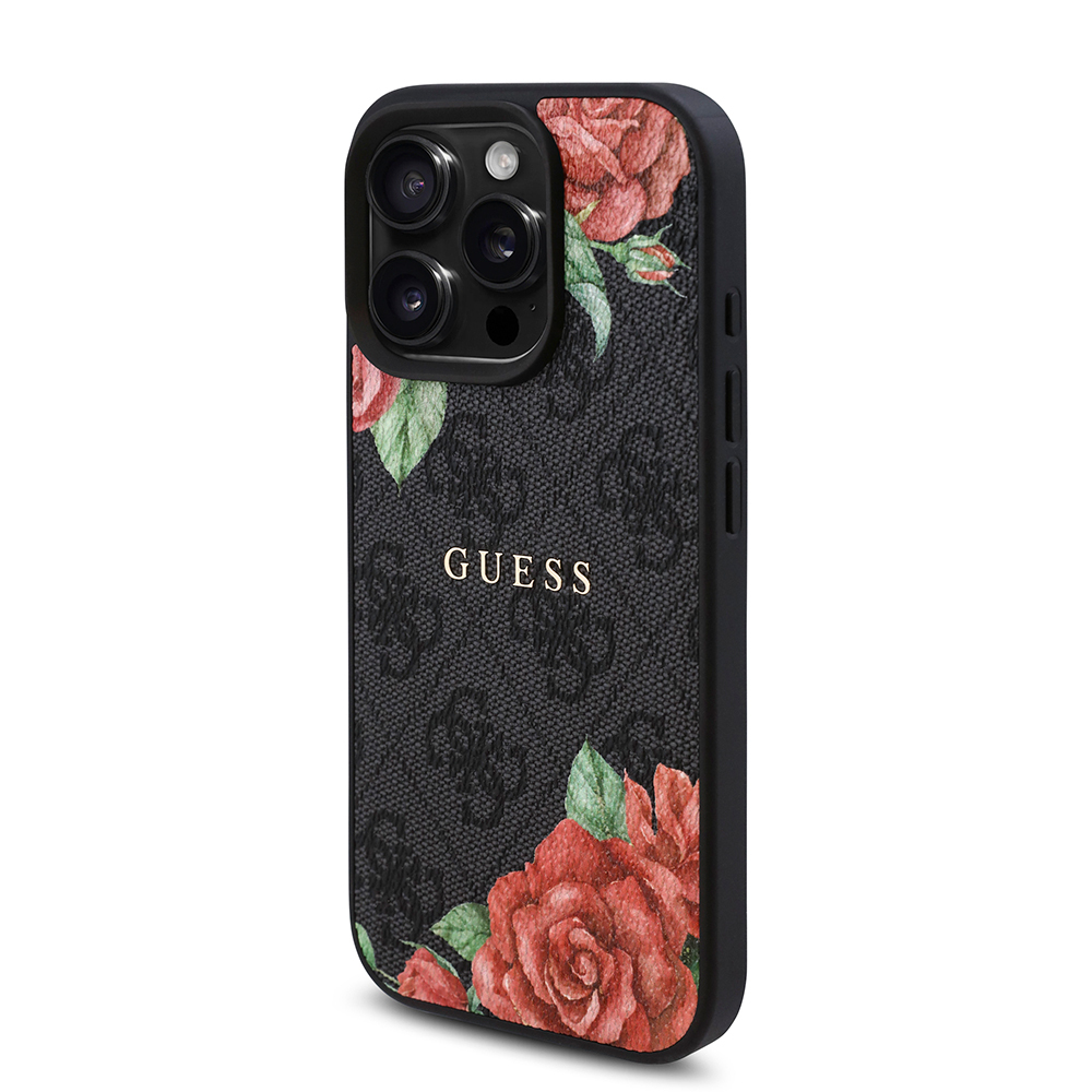 Apple iPhone 16 Pro Case Guess Original Licensed Magsafe Charging Feature Rose Printed 4G Patterned Text Logo Cover - 11