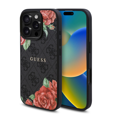 Apple iPhone 16 Pro Case Guess Original Licensed Magsafe Charging Feature Rose Printed 4G Patterned Text Logo Cover Black