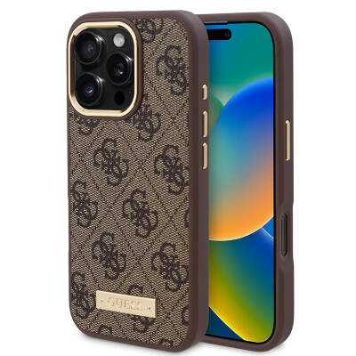 Apple iPhone 16 Pro Case Guess Original Licensed Magsafe Charging Featured 4G Patterned PU Metal Plate Classic Logo Cover Brown