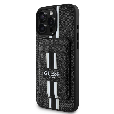 Apple iPhone 16 Pro Case Guess Original Licensed Magsafe Charging Featured 4G Patterned Striped Card Holder Cover Black