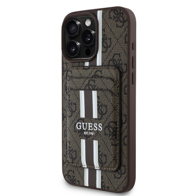 Apple iPhone 16 Pro Case Guess Original Licensed Magsafe Charging Featured 4G Patterned Striped Card Holder Cover Brown