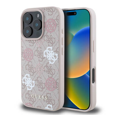 Apple iPhone 16 Pro Case Guess Original Licensed Magsafe Charging Featured 4G Patterned Text Logo Peony Cover Pink