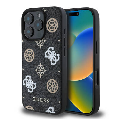 Apple iPhone 16 Pro Case Guess Original Licensed Magsafe Charging Featured 4G Patterned Text Logo Peony Cover Black