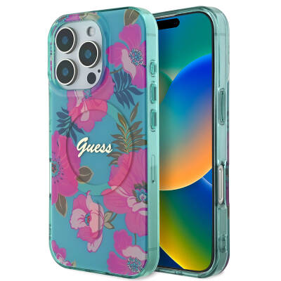 Apple iPhone 16 Pro Case Guess Original Licensed Magsafe Charging Featured Floral Tone Ring Cover Pink