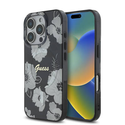 Apple iPhone 16 Pro Case Guess Original Licensed Magsafe Charging Featured Floral Tone Ring Cover Black