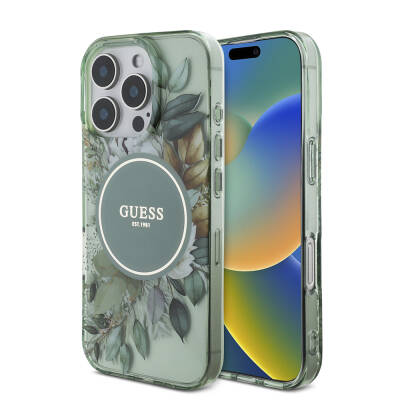 Apple iPhone 16 Pro Case Guess Original Licensed Magsafe Charging Featured IML Printed Flower Pearl Bracelet Cover Green