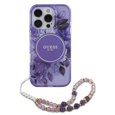 Apple iPhone 16 Pro Case Guess Original Licensed Magsafe Charging Featured IML Printed Flower Pearl Bracelet Cover Purple