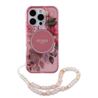 Apple iPhone 16 Pro Case Guess Original Licensed Magsafe Charging Featured IML Printed Flower Pearl Bracelet Cover Pink