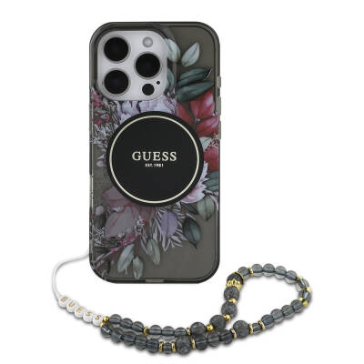 Apple iPhone 16 Pro Case Guess Original Licensed Magsafe Charging Featured IML Printed Flower Pearl Bracelet Cover Black