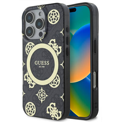 Apple iPhone 16 Pro Case Guess Original Licensed Magsafe Charging Featured IML Text Logo 4G Patterned Peony Cover Black