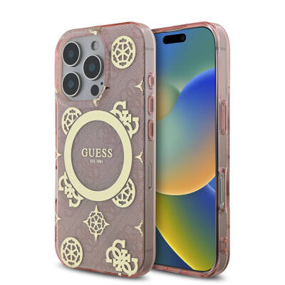 Apple iPhone 16 Pro Case Guess Original Licensed Magsafe Charging Featured IML Text Logo 4G Patterned Peony Cover Pink