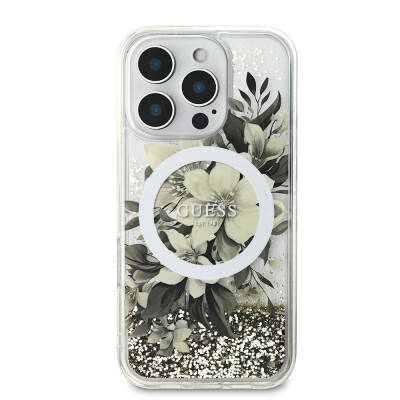 Apple iPhone 16 Pro Case Guess Original Licensed Magsafe Charging Featured Liquid Glitter Flower Patterned Cover Bej