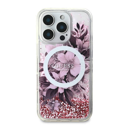 Apple iPhone 16 Pro Case Guess Original Licensed Magsafe Charging Featured Liquid Glitter Flower Patterned Cover Pink