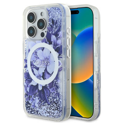 Apple iPhone 16 Pro Case Guess Original Licensed Magsafe Charging Featured Liquid Glitter Flower Patterned Cover Purple