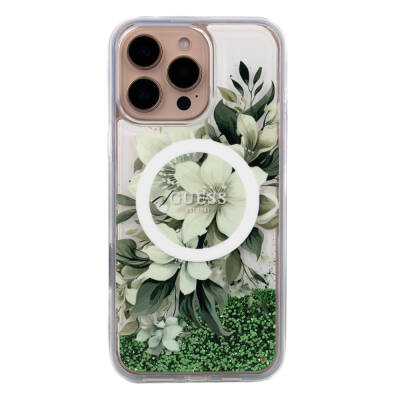 Apple iPhone 16 Pro Case Guess Original Licensed Magsafe Charging Featured Liquid Glitter Flower Patterned Cover Green