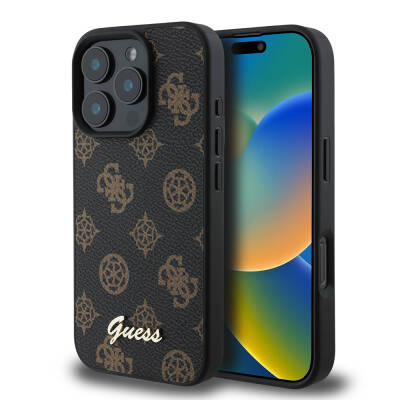 Apple iPhone 16 Pro Case Guess Original Licensed Magsafe Charging Featured Peony Cover with Text Logo Black