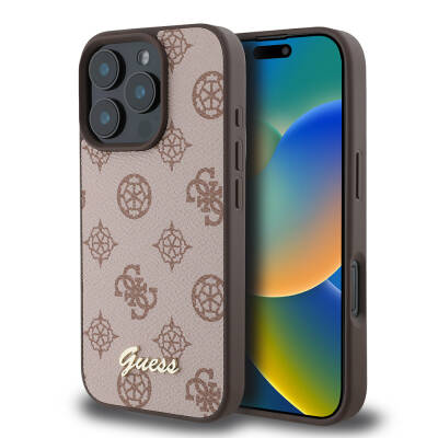 Apple iPhone 16 Pro Case Guess Original Licensed Magsafe Charging Featured Peony Cover with Text Logo Brown