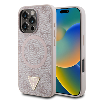 Apple iPhone 16 Pro Case Guess Original Licensed Magsafe Charging Featured PU Triangle Logo 4G Patterned Cover Pink
