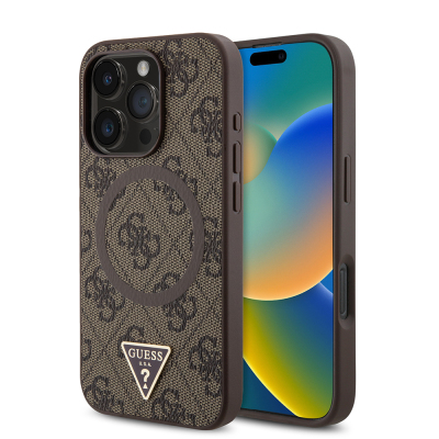 Apple iPhone 16 Pro Case Guess Original Licensed Magsafe Charging Featured PU Triangle Logo 4G Patterned Cover Brown