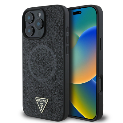 Apple iPhone 16 Pro Case Guess Original Licensed Magsafe Charging Featured PU Triangle Logo 4G Patterned Cover Black