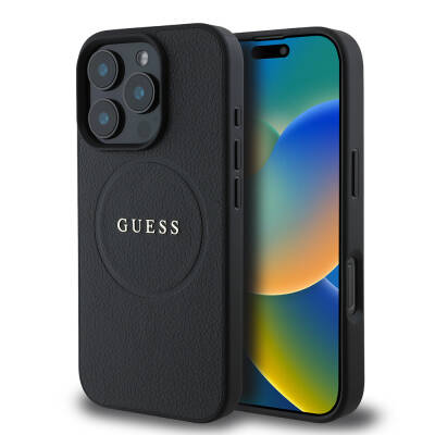 Apple iPhone 16 Pro Case Guess Original Licensed Magsafe Grained Cover Charging Feature and Text Logo Black