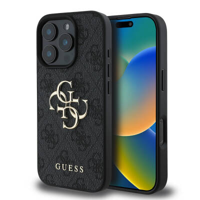 Apple iPhone 16 Pro Case Guess Original Licensed PU Leather 4G Patterned Metal Cover with Large 4G and Text Logo Black