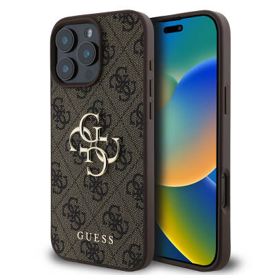 Apple iPhone 16 Pro Case Guess Original Licensed PU Leather 4G Patterned Metal Cover with Large 4G and Text Logo Brown