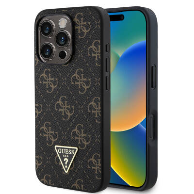 Apple iPhone 16 Pro Case Guess Original Licensed PU Leather 4G Patterned Triangle Logo Cover Black