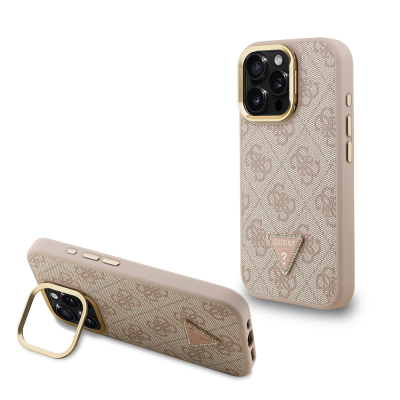 Apple iPhone 16 Pro Case Guess Original Licensed PU Leather Stone Triangle Logo 4G Patterned Camera Stand Cover Pink