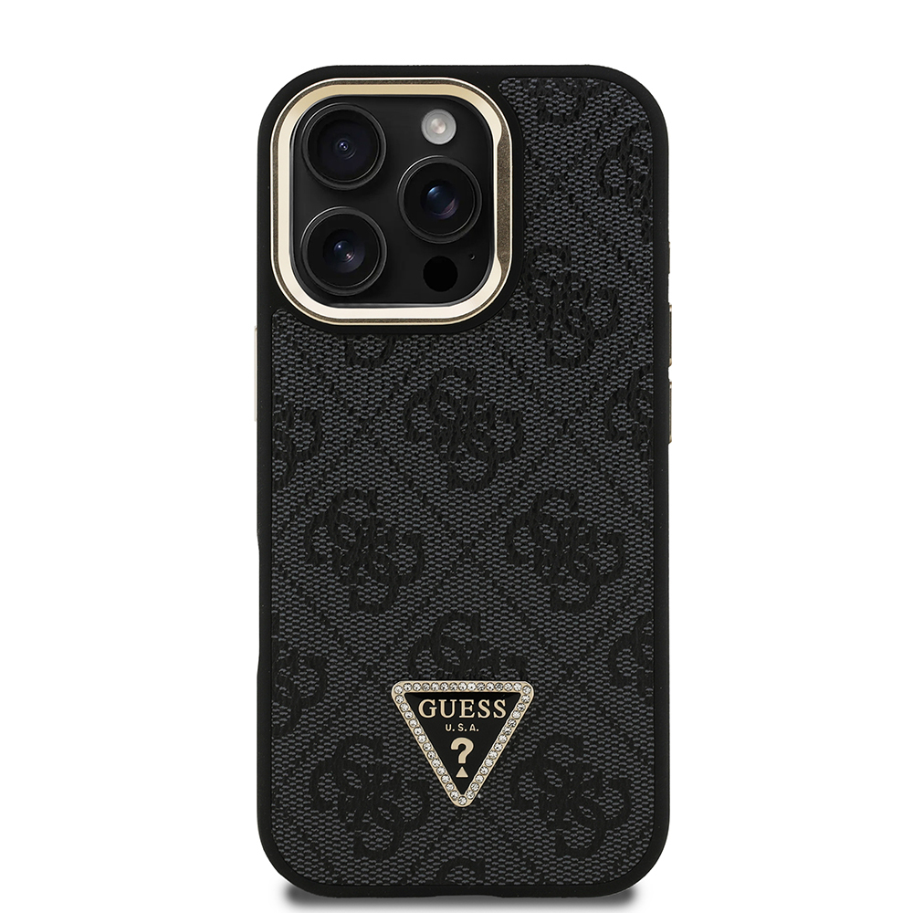 Apple iPhone 16 Pro Case Guess Original Licensed PU Leather Stone Triangle Logo 4G Patterned Camera Stand Cover - 13