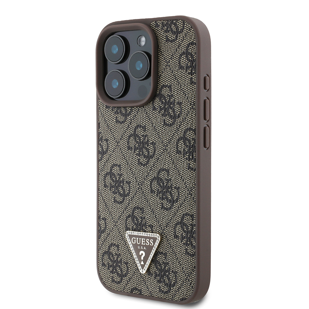 Apple iPhone 16 Pro Case Guess Original Licensed PU Leather Stone Triangle Logo 4G Patterned Strass Cover - 19