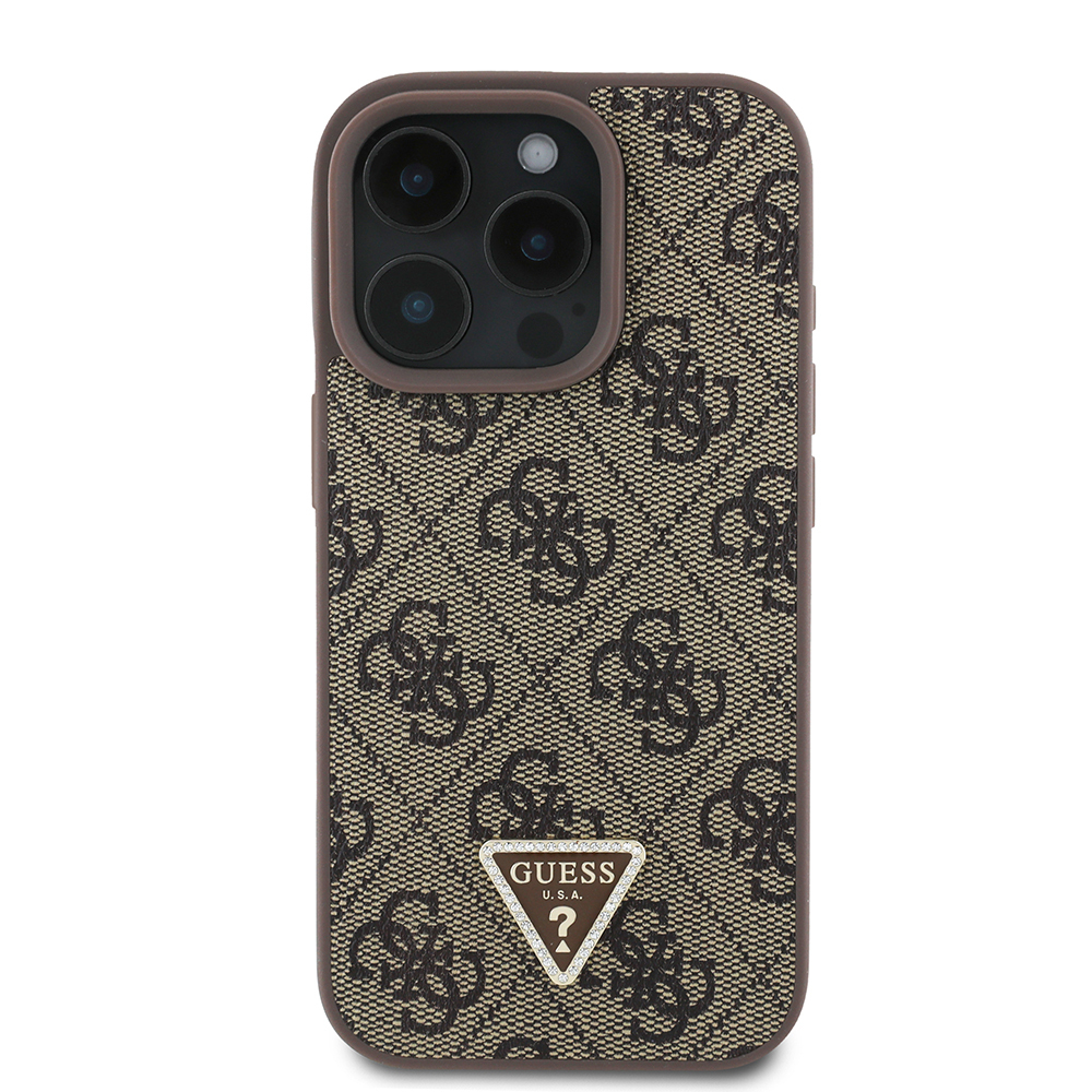 Apple iPhone 16 Pro Case Guess Original Licensed PU Leather Stone Triangle Logo 4G Patterned Strass Cover - 20