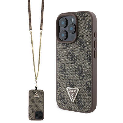 Apple iPhone 16 Pro Case Guess Original Licensed PU Leather Stoned Metal Triangle Logo Cross Body Strap 4G Patterned Cover Brown