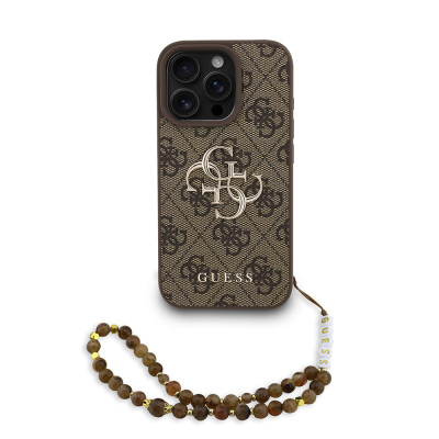 Apple iPhone 16 Pro Case Guess Original Licensed PU Leather Wrist Strap Rope Metal Large 4G and Text Logo Cover Brown
