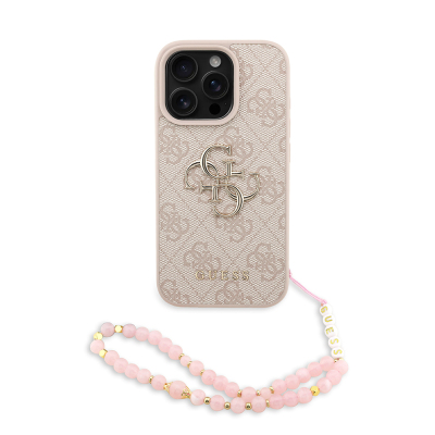 Apple iPhone 16 Pro Case Guess Original Licensed PU Leather Wrist Strap Rope Metal Large 4G and Text Logo Cover Pink