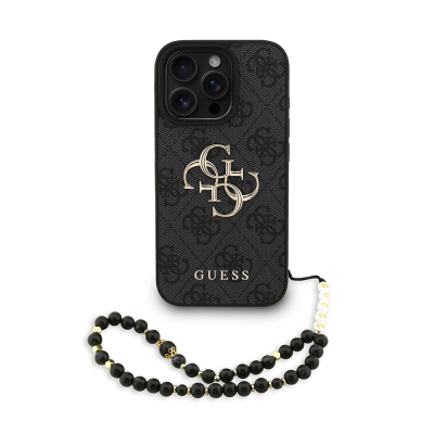 Apple iPhone 16 Pro Case Guess Original Licensed PU Leather Wrist Strap Rope Metal Large 4G and Text Logo Cover Black