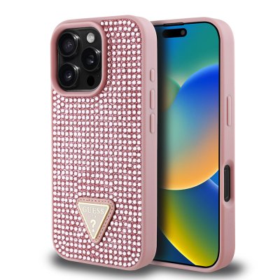 Apple iPhone 16 Pro Case Guess Original Licensed Stone Back Surface Triangle Logo Cover Pink