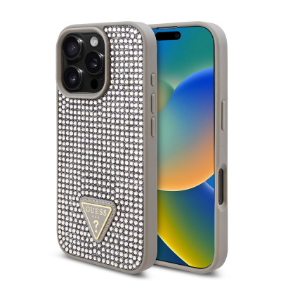 Apple iPhone 16 Pro Case Guess Original Licensed Stone Back Surface Triangle Logo Cover Silver