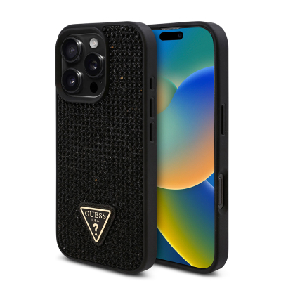 Apple iPhone 16 Pro Case Guess Original Licensed Stone Back Surface Triangle Logo Cover Black