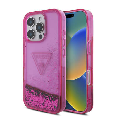 Apple iPhone 16 Pro Case Guess Original Licensed Transparent Liquid Glitter Design Cover Pink