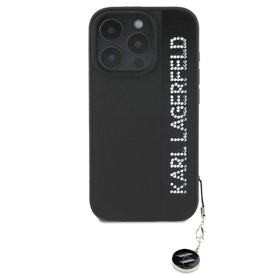 Apple iPhone 16 Pro Case Karl Lagerfeld Original Licensed Keychain with Stone KL Written Saffiano Rhinestones Cover Black