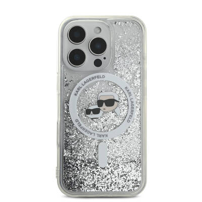 Apple iPhone 16 Pro Case Karl Lagerfeld Original Licensed Magsafe Charging Featured Liquid Glitter KC Heads Cover Şeffaf