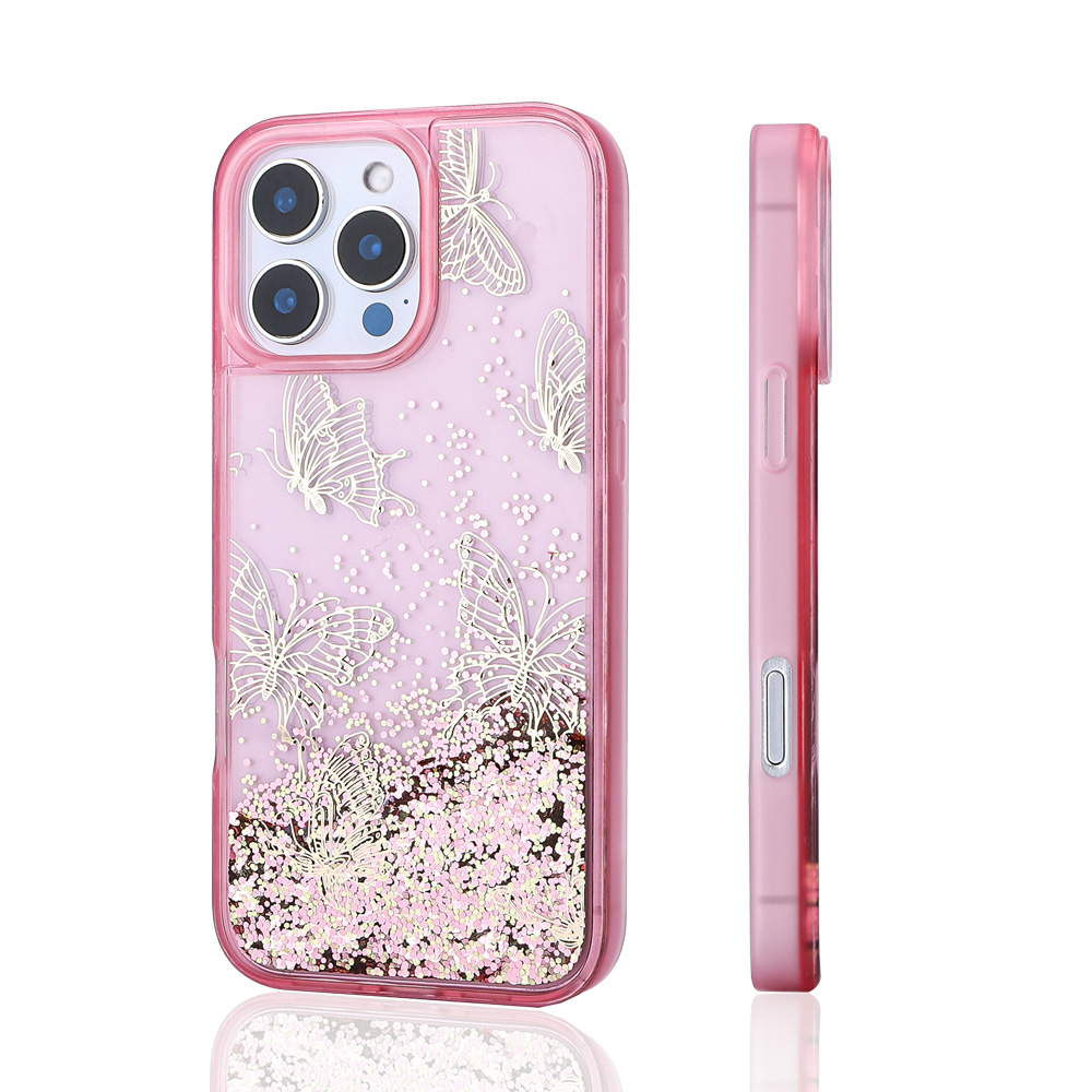 Apple iPhone 16 Pro Case Liquid Glitter Butterfly Printed Transparent Back Surface Zore Glis Silicone Cover - 7