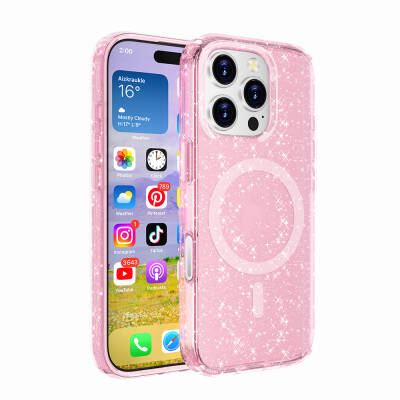 Apple iPhone 16 Pro Case Magsafe Charging Feature Shining Glitter Transparent Colored Zore Allstar Cover Pink