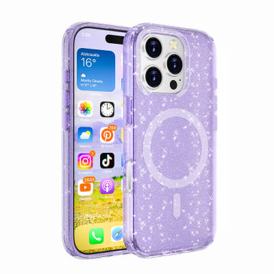 Apple iPhone 16 Pro Case Magsafe Charging Feature Shining Glitter Transparent Colored Zore Allstar Cover Purple