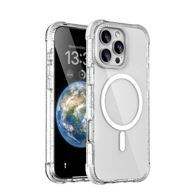 Apple iPhone 16 Pro Case Magsafe Charging Featured Stone and Silvery Design Mutural Blink Cover Şeffaf